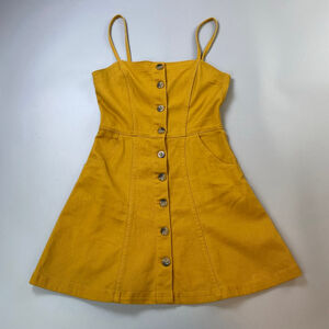 H&M Denim Jumper Dress Women’s 6 Mustard Yellow Button Front Indie Pockets Cute